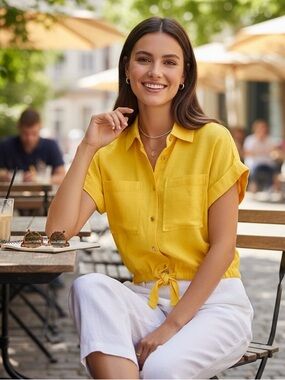 NWT Michael Kors Linen-Blend Short-Sleeve Button-Up Shirt Yellow XS